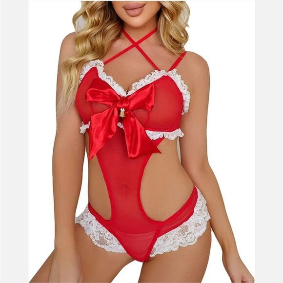 Christmas Bodysuit for Women One Piece Teddy Lingerie with Cute Bow and Bells US - Picture 5 of 9